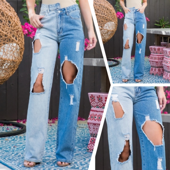 GSW Women's Blue Ripped Distressed Contrast Colorblock Jeans - Picture 5 of 9